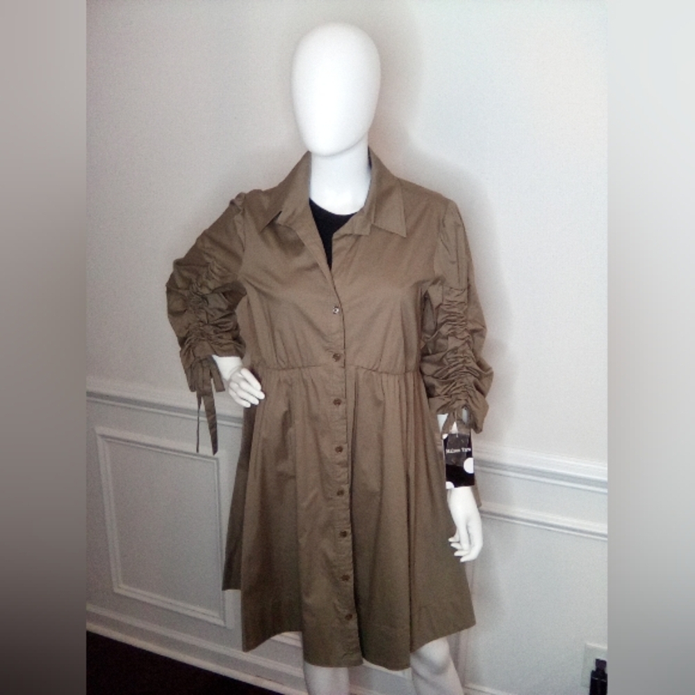 Women's MaisonTara 3/4 Sleeve Collared Shirt Dress, SizeXL, Olive, NEW - Picture 1 of 16